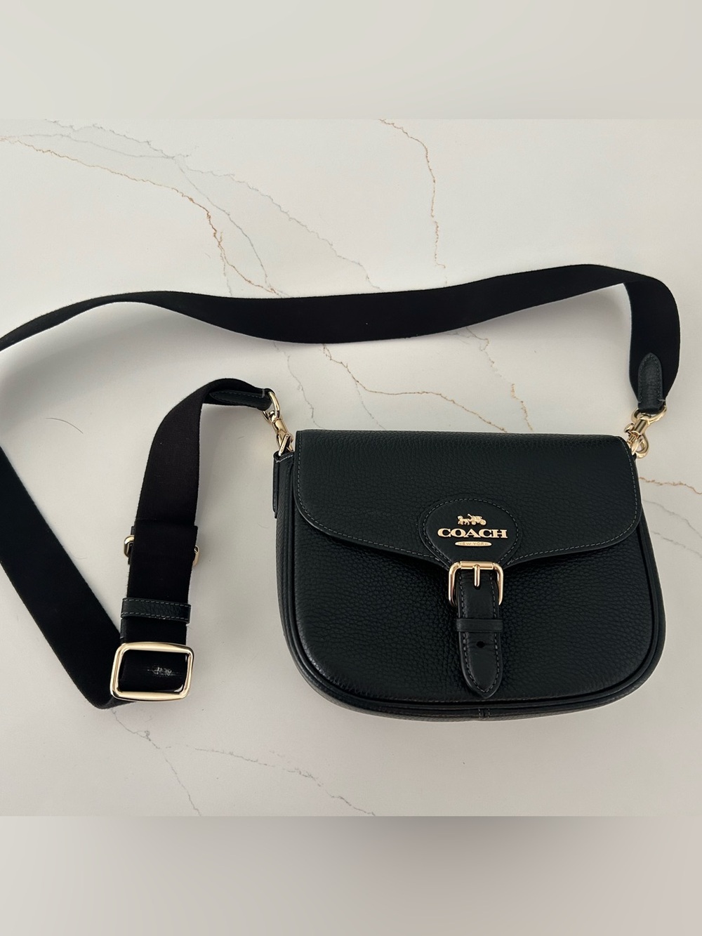 Coach Black Pebbled Leather Crossbody Saddle Bag with Gold Hardware